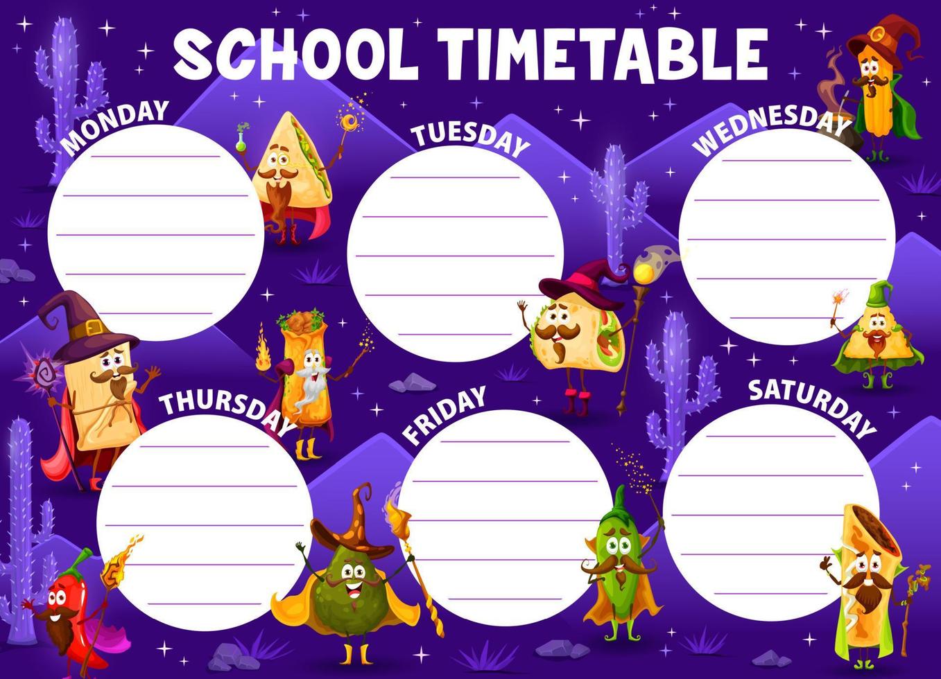 Education timetable, cartoon tex mex food wizards vector