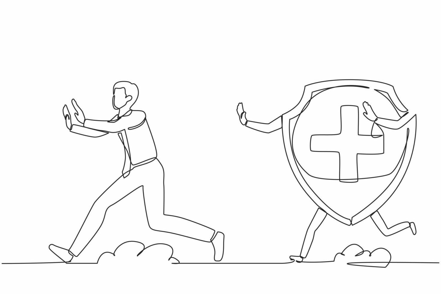 Single continuous line drawing stressed businessman being chased by shield. Out off financial insurance or fund safety. Expensive healthcare budget. One line draw graphic design vector illustration