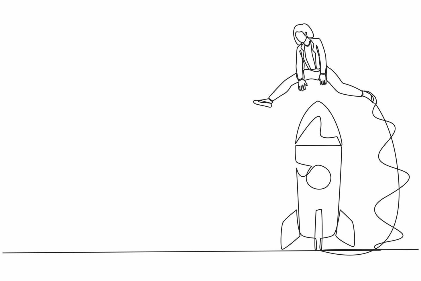 Single continuous line drawing businesswoman jumping over big rocket. Space rocket ready to fly. New business project. Successful startup launch preparation. One line draw design vector illustration