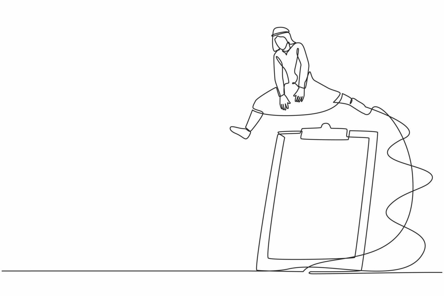 Continuous one line drawing Arab businessman jumping over big clipboard. Paper sheet document questionnaire. Successful completion of business task. Single line draw graphic design vector illustration