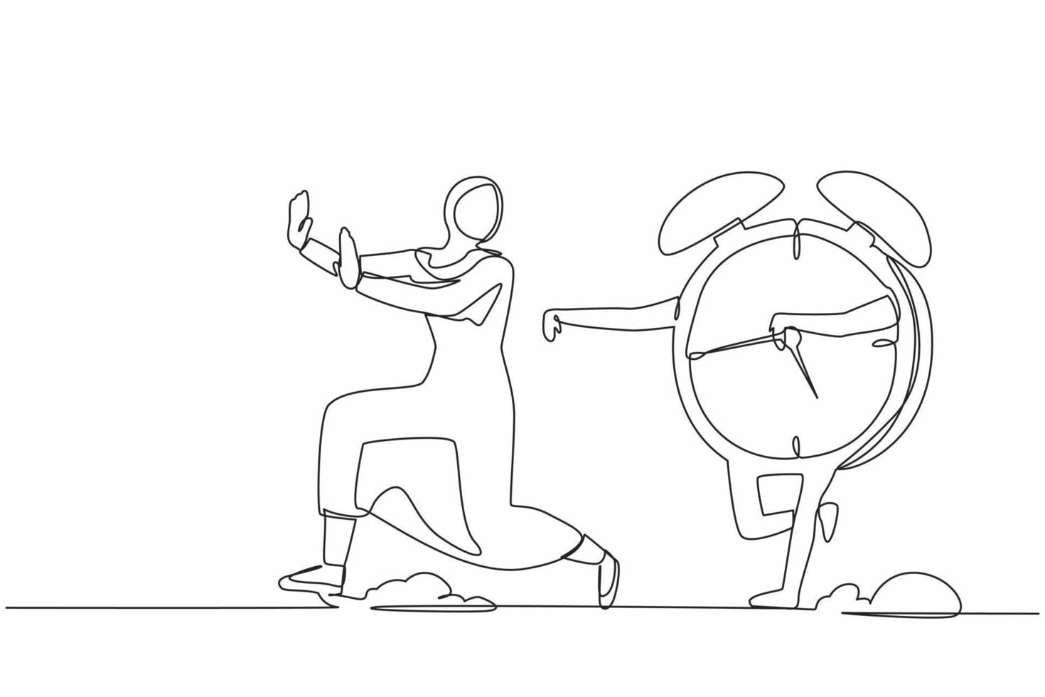 Single continuous line drawing fright Arab businesswoman being chased by alarm clock. Female manager hurry in deadline project. Running out of working time. One line graphic design vector illustration