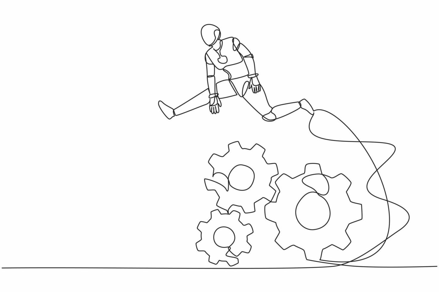 Single continuous line drawing robot jumping over big gears. Developing business innovation. Operation management system. Robotic artificial intelligence. One line graphic design vector illustration