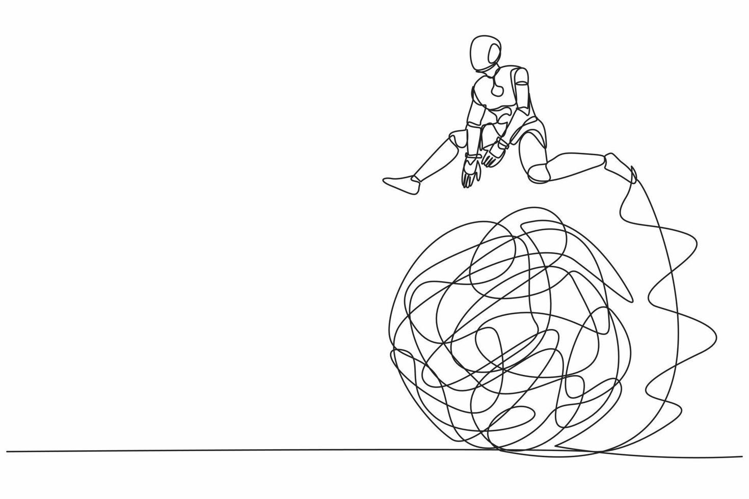 Single one line drawing robot jumping over tangled scribble. Overcoming complexity of problem. Future technology development. Artificial intelligence. Continuous line draw design vector illustration