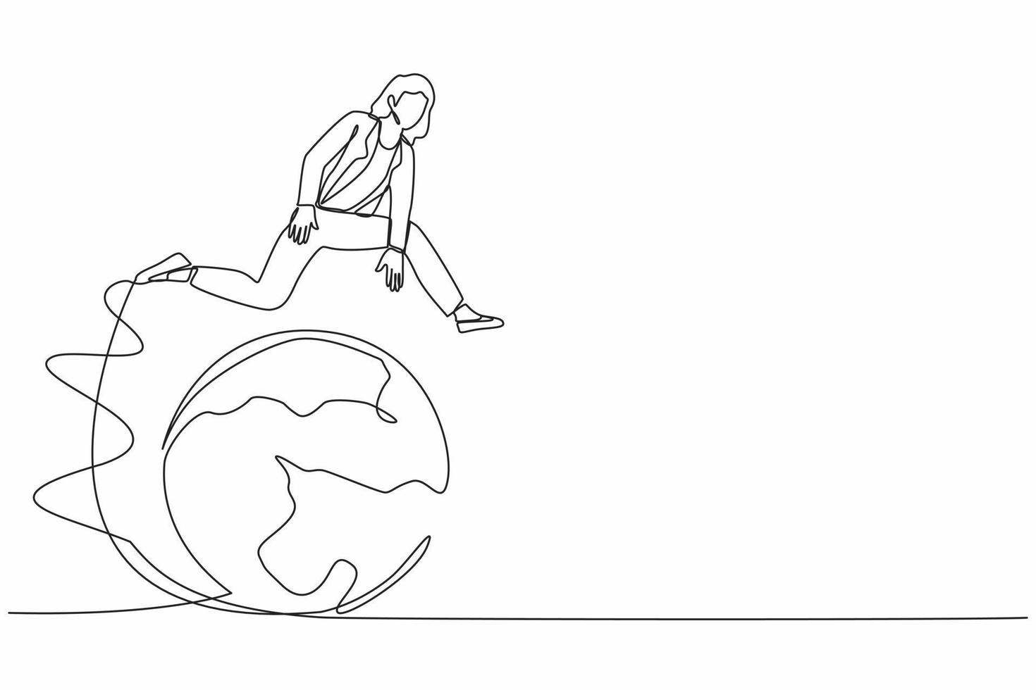 Single continuous line drawing businesswoman jumping over globe. International partnership, cooperation and teamwork in business. Travel destination. One line draw graphic design vector illustration