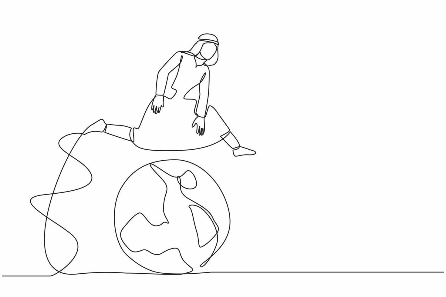 Continuous one line drawing Arab businessman jumping over globe. Globalization summit. Leadership meeting forum. International partnership, cooperation. Single line design vector graphic illustration