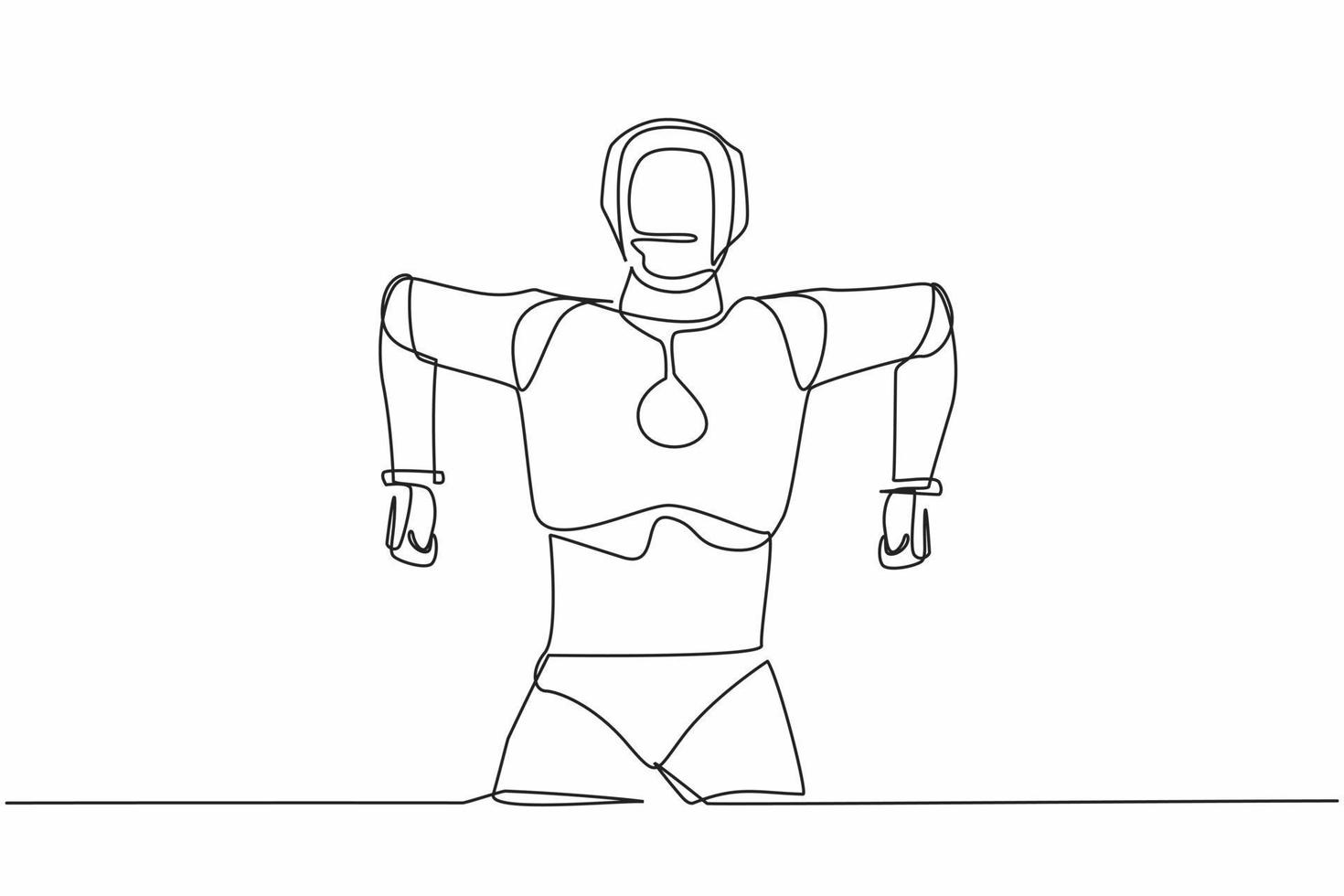 robot de dibujo continuo de una línea de pie con gesto enojado. emocional en la rabia. sintiendo ira. organismo cibernético humanoide. futuro desarrollo robótico. ilustración de vector de diseño de dibujo de una sola línea