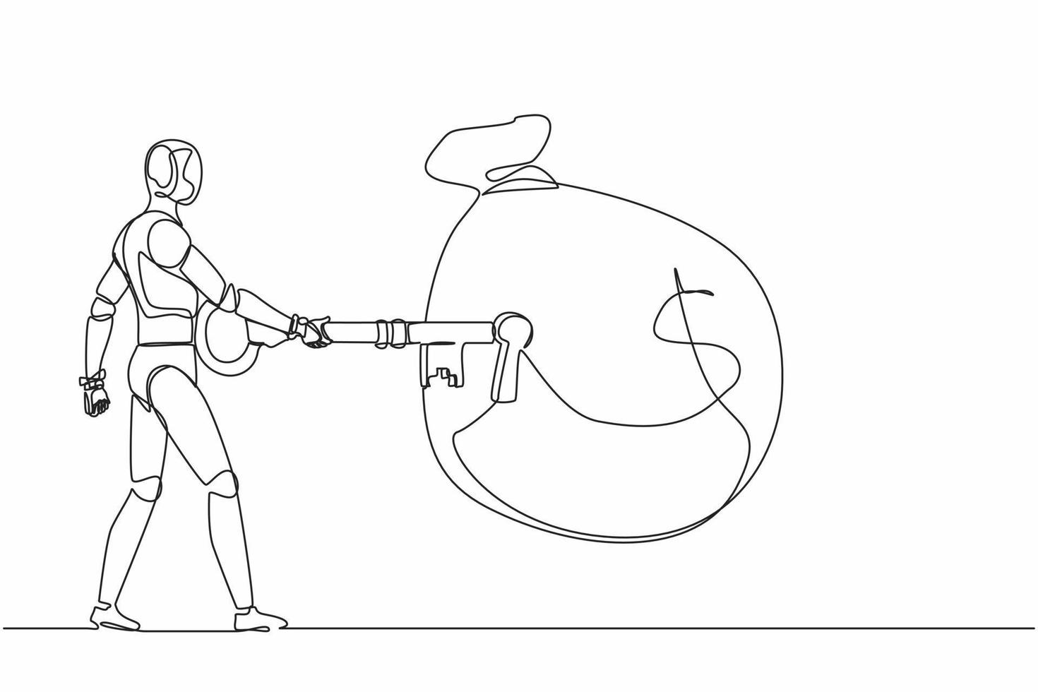 Continuous one line drawing robot put big key into money bag. Financial key success, safe haven for investment. Humanoid robot cybernetic organism. Single line draw design vector graphic illustration