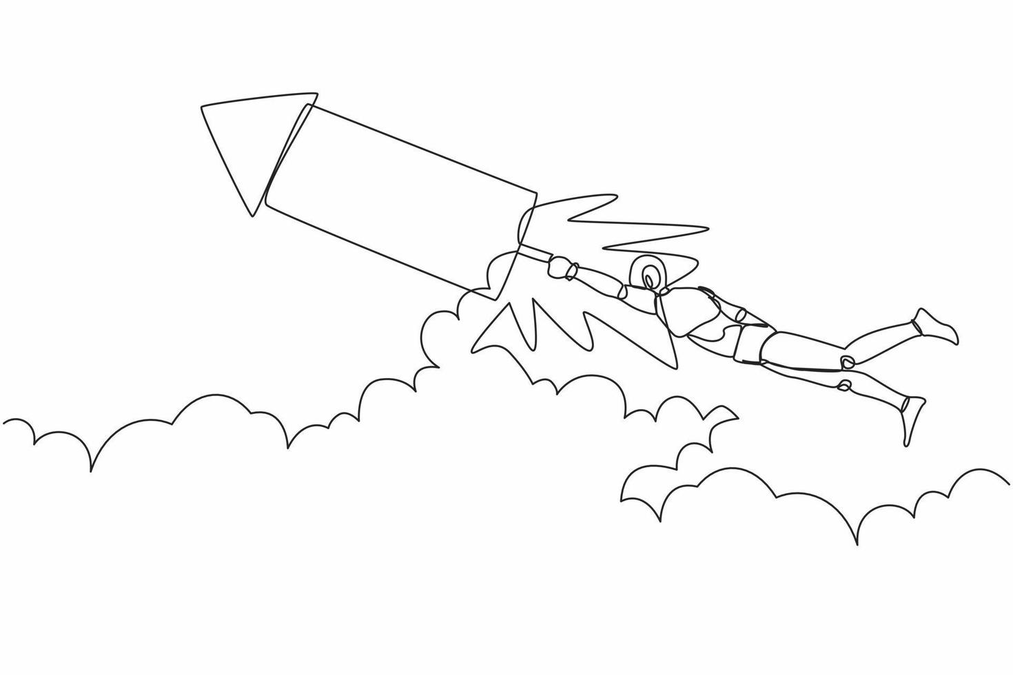 Single continuous line drawing robot fly on fireworks rockets while looking at business opportunities. Modern robotic artificial intelligence. Dynamic one line draw graphic design vector illustration