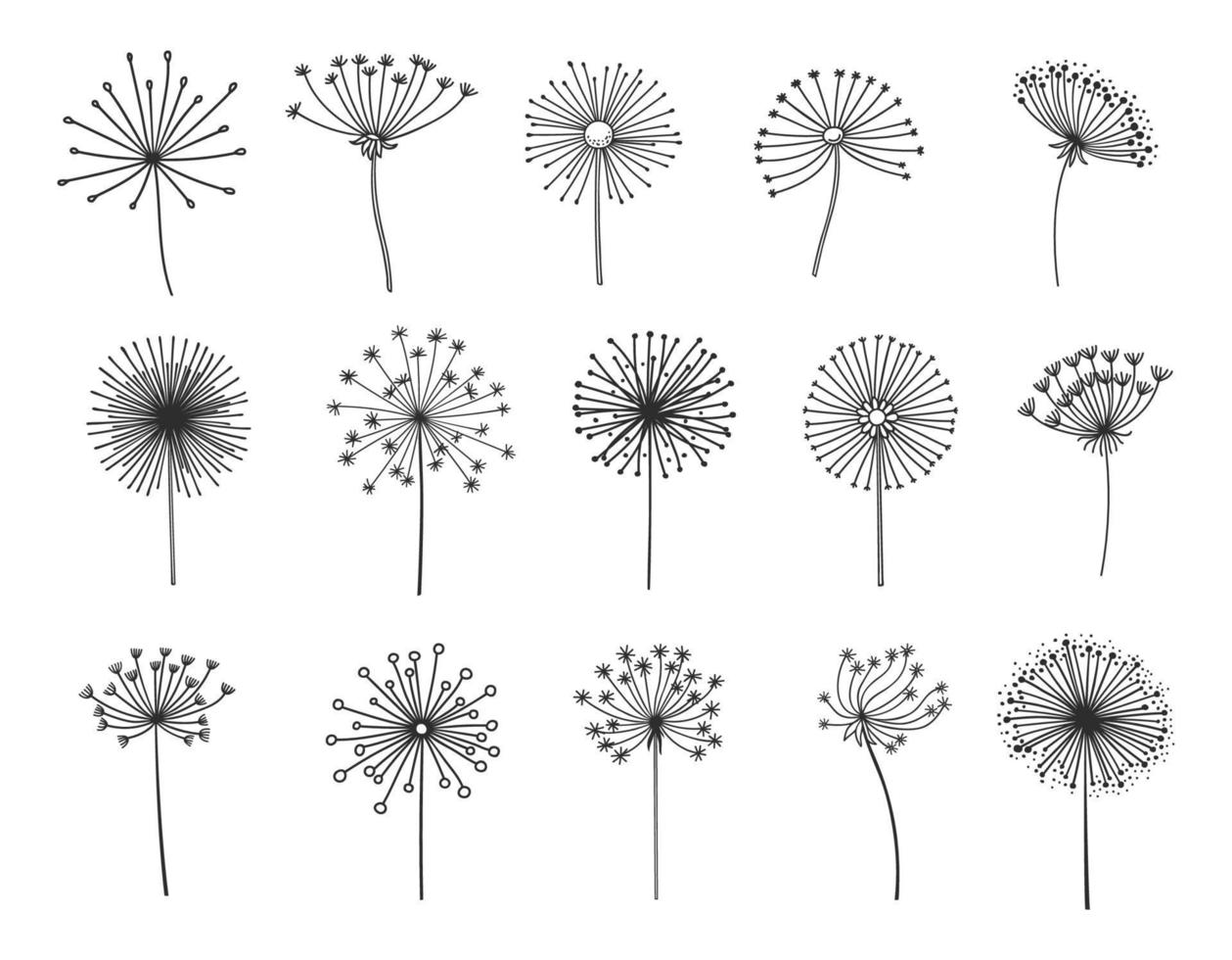 Dandelion silhouettes set, flower seeds in wind vector