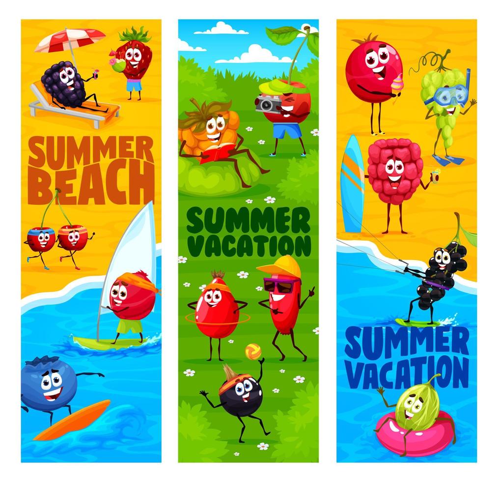 Cartoon berry characters on summer beach vacation vector