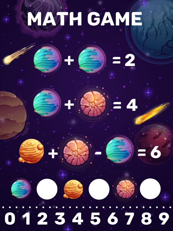 Math game worksheet with cartoon space planets vector