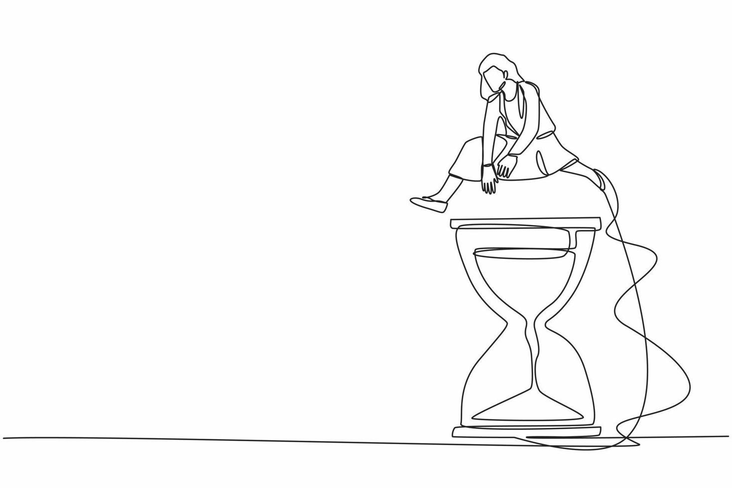 Continuous one line drawing businesswoman jump over or passing hourglass. Business scheduling and time management concept. Deadline or working time efficiency. Single line design vector illustration