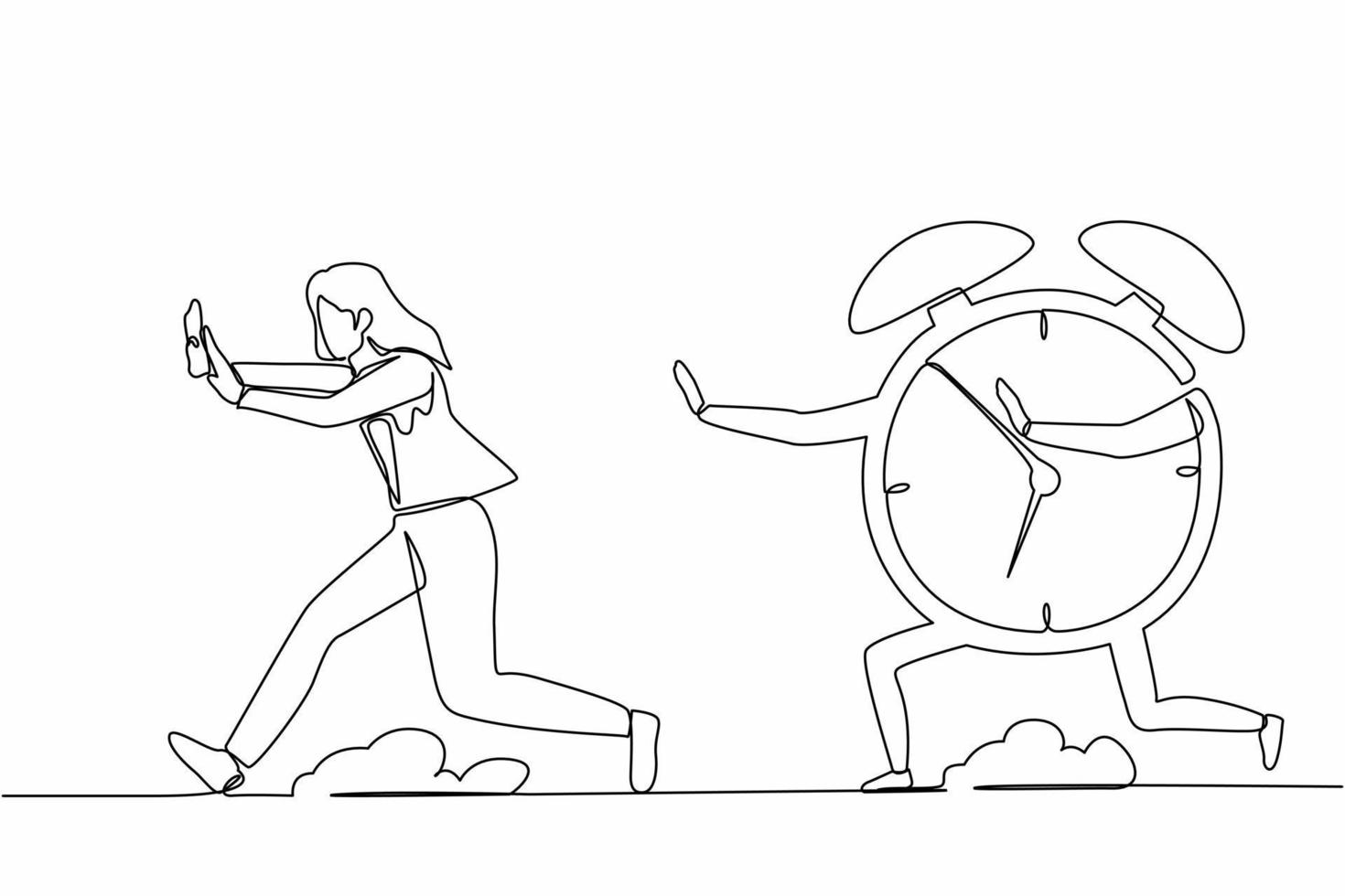 Single one line drawing scared businesswoman being chased by alarm clock. Female worker running out of working time. Deadline project. Minimal metaphor. Continuous line draw design vector illustration