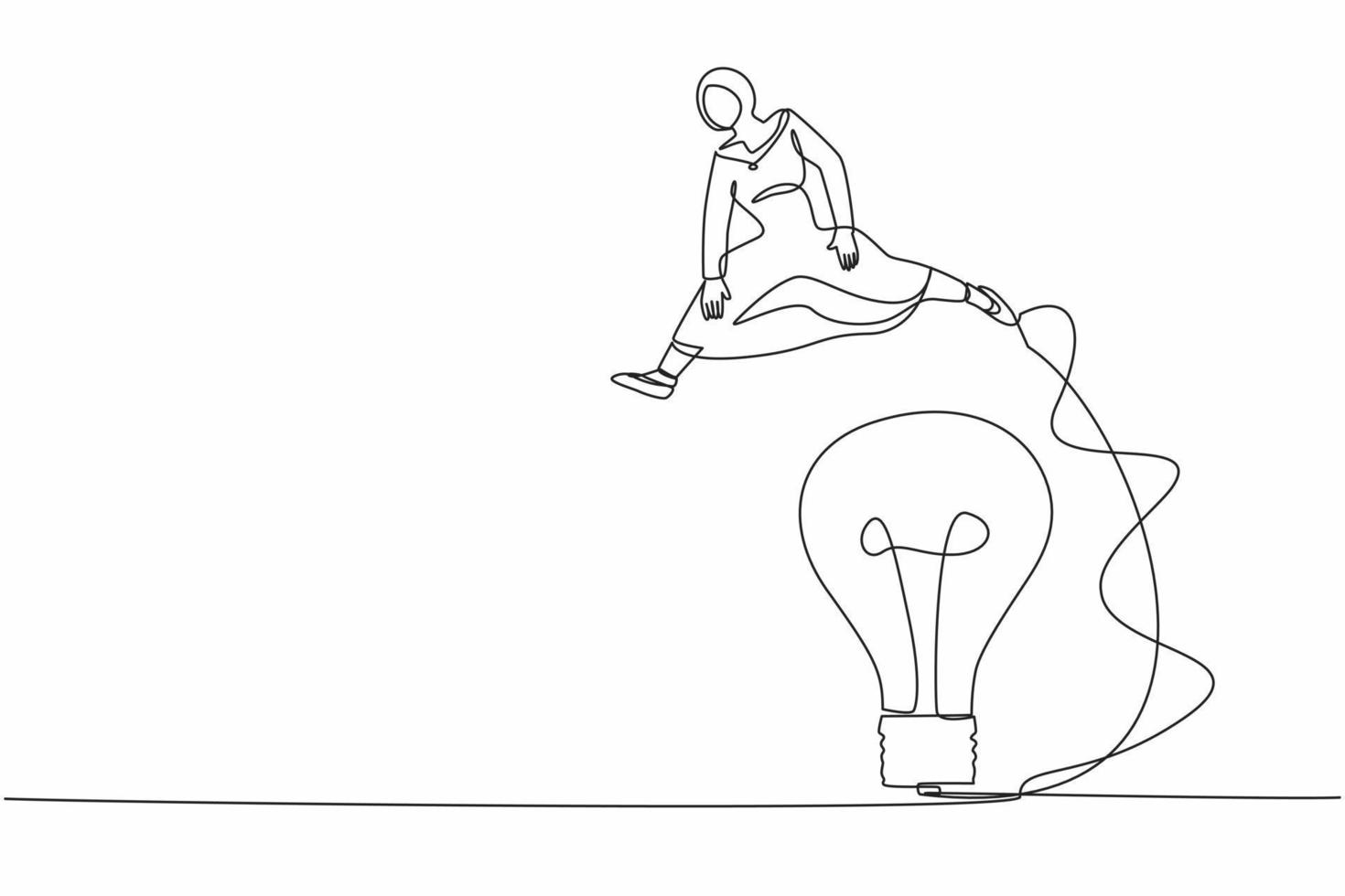Single continuous line drawing Arabian businesswoman jumping over big light bulb. Innovation transformation technology. Improvisation business idea. One line draw graphic design vector illustration