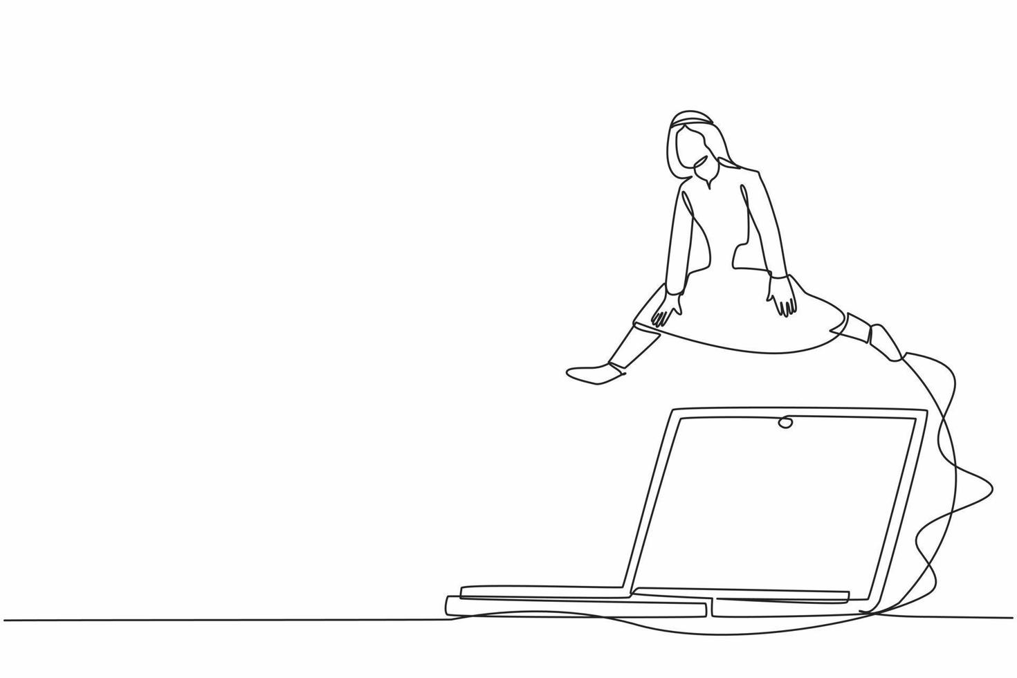 un solo hombre de negocios árabe de dibujo de una línea saltando sobre una gran computadora portátil. transformación de la tecnología digital. computación de datos del sistema para la eficiencia de trabajo. ilustración de vector gráfico de diseño de línea continua