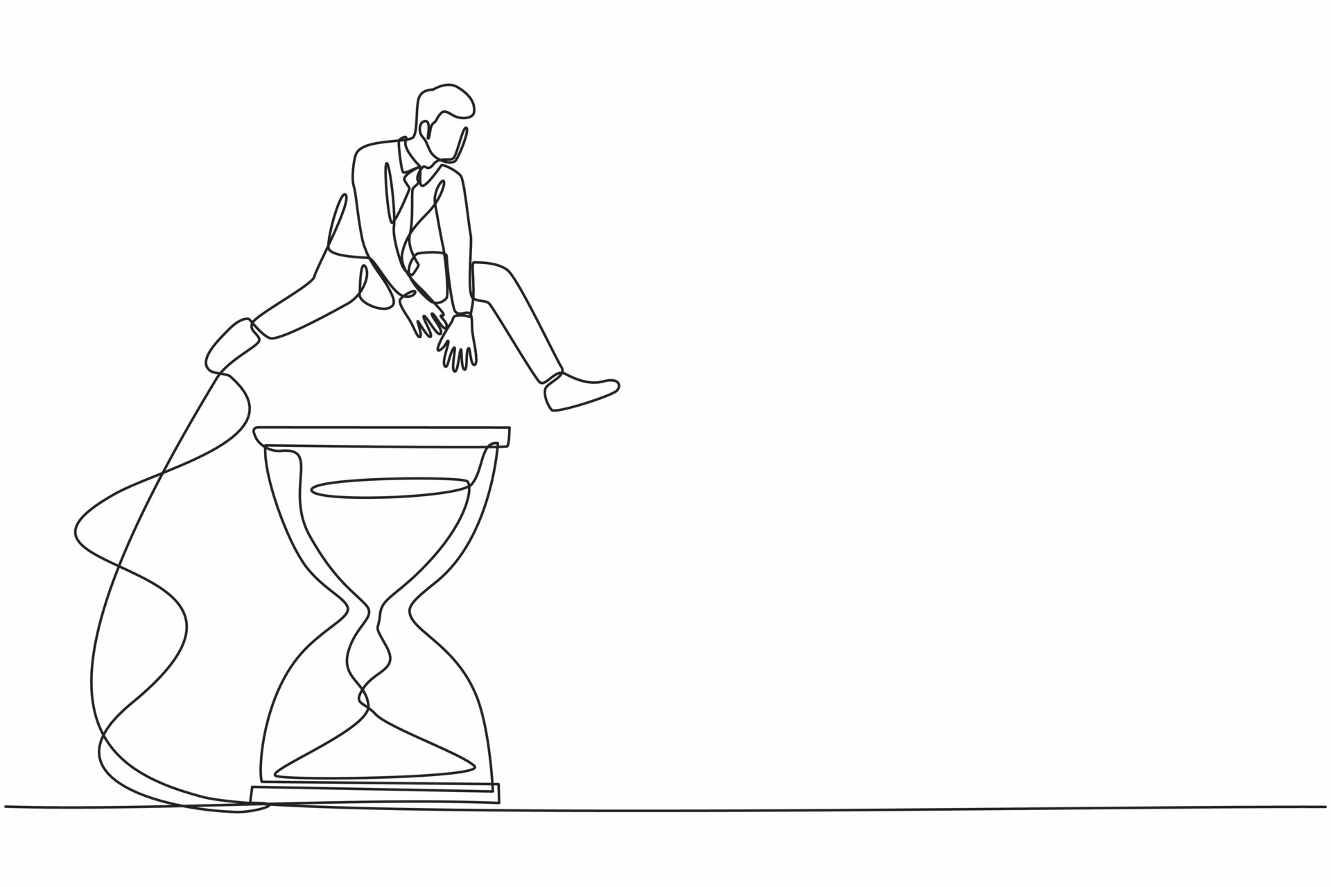 Continuous one line drawing businessman jump over or passing hourglass