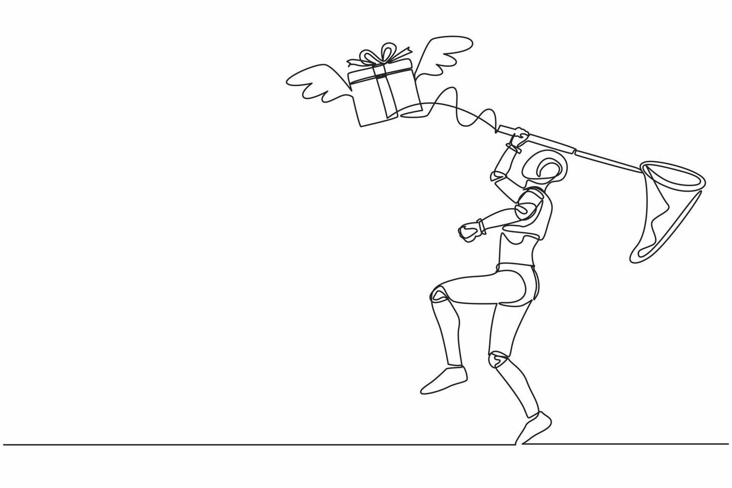 un solo robot de dibujo de una línea intenta atrapar una caja de regalo voladora con una red de mariposas. caja de regalo alada, paquete. tecnología del futuro. inteligencia artificial. ilustración de vector de diseño de dibujo de línea continua