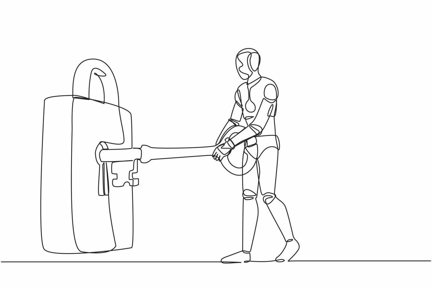Continuous one line drawing robot putting big key into padlock. Business security, private property protection. Humanoid robot cybernetic organism. Single line draw design vector graphic illustration