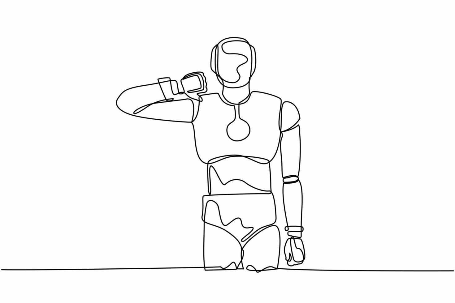 Continuous one line drawing robot standing with thumbs down sign gesture. Dislike, disagree, disappointment, disapprove, no deal. Humanoid robot cybernetic. Single line draw design vector illustration