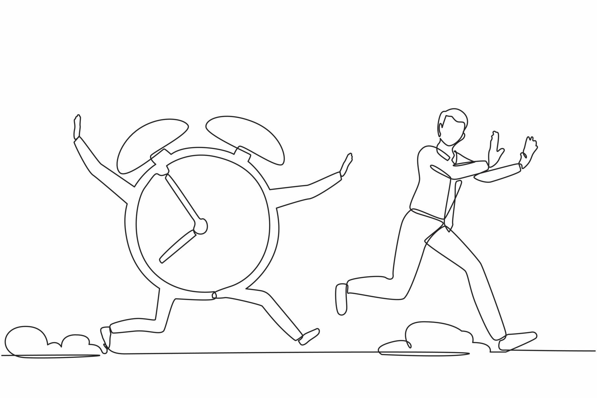 Single one line drawing stressed businessman being chased by clock. Running out of time