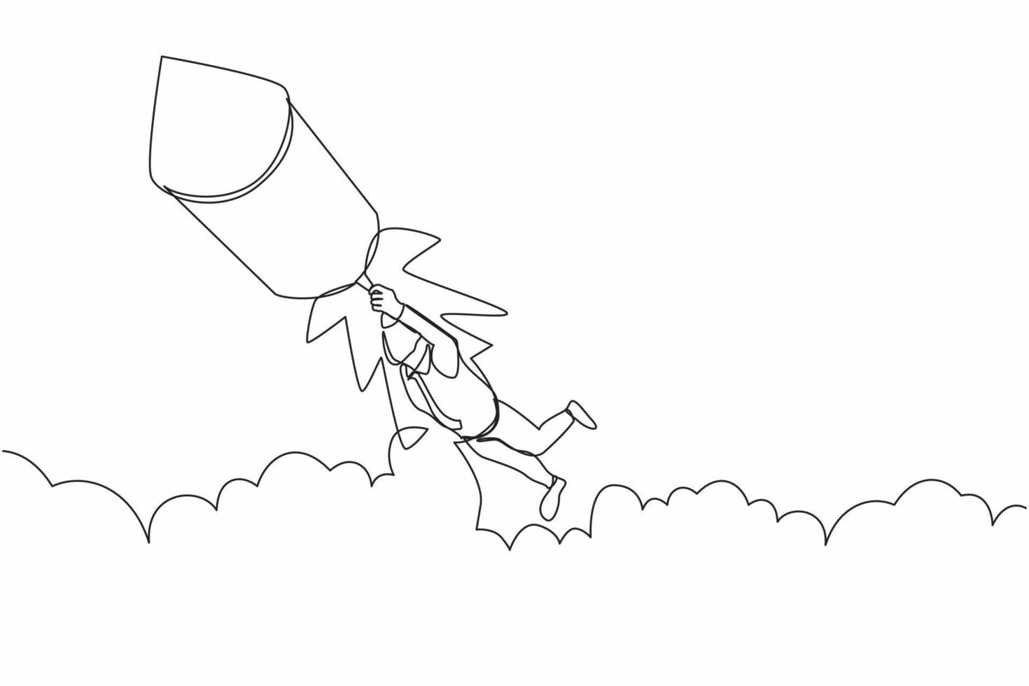 Single continuous line drawing businessman fly on fireworks rockets while looking at business opportunities. Excited motivated worker prepare for project launch. One line design vector illustration