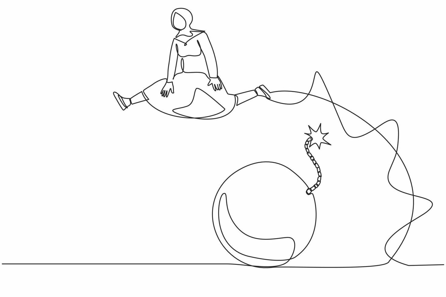 Single continuous line drawing Arab businesswoman jumping over bomb. Explosion of economic crisis, impact on increasing unemployment, poverty. Dynamic one line draw graphic design vector illustration
