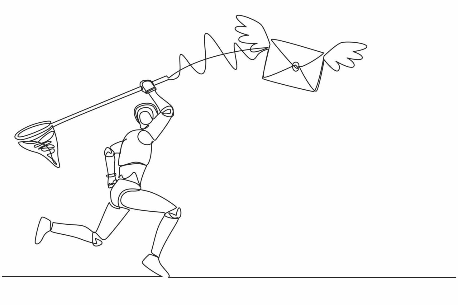 Single continuous line drawing robot try to catching flying mail with butterfly net. Not read incoming message from office. Robotic artificial intelligence. One line graphic design vector illustration