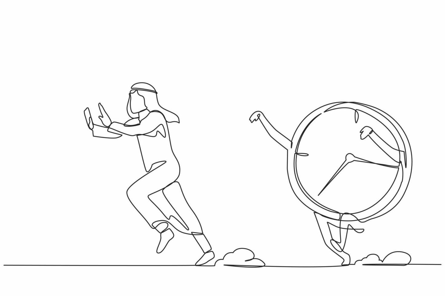 Single one line drawing unhappy Arab businessman being chased by time. Deadline planning schedules at office task. Minimal metaphor concept. Modern continuous line design graphic vector illustration