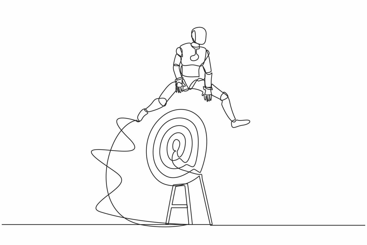 Single one line drawing robot jumping on big archery bullseye target. Achievement target goals. Future technology development. Artificial intelligence. Continuous line draw design vector illustration
