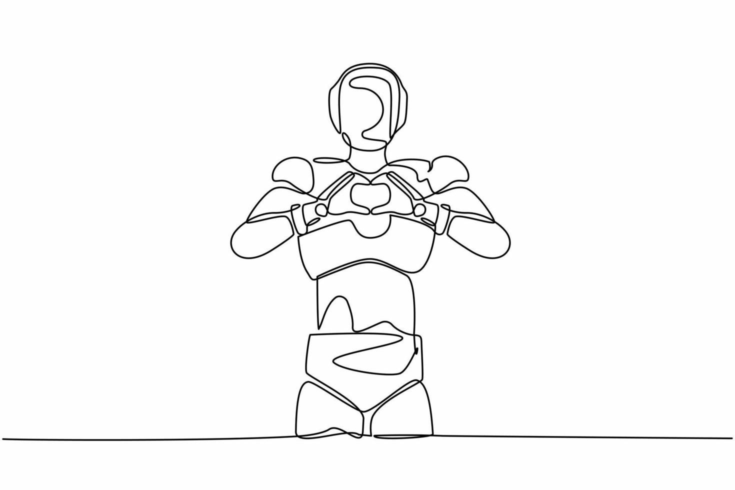 Continuous one line drawing robot standing with making love sign, heart symbol in front of chest. Humanoid cybernetic organism. Future robotic development. Single line draw design vector illustration