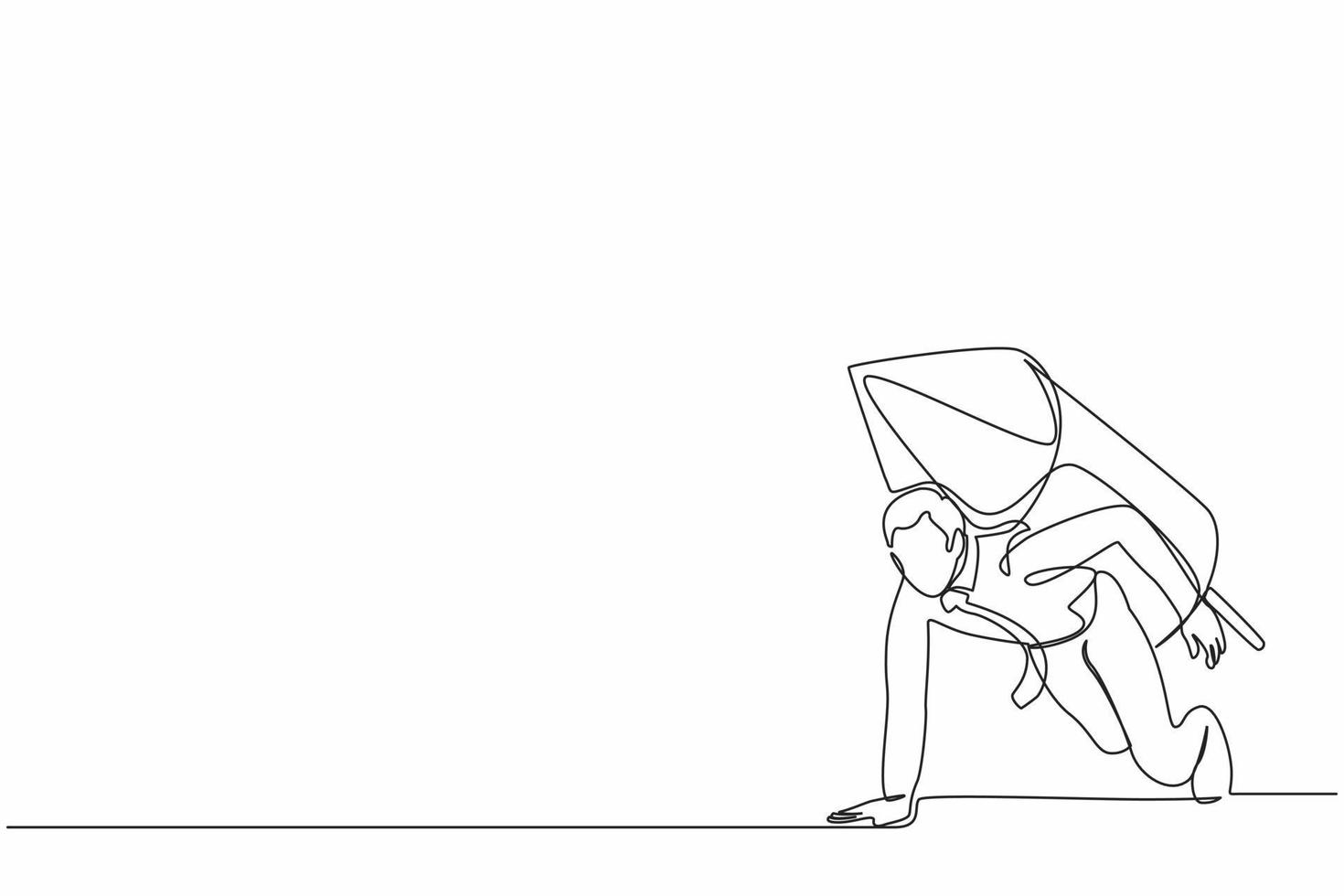 Single one line drawing businessman with rocket on back stand on start ready for business race. Excited motivated employee prepare for project launch. Continuous line draw design vector illustration