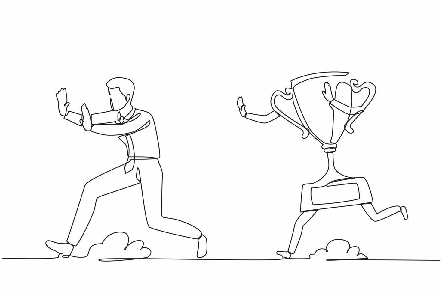 Single one line drawing stressed businessman being chased by trophy. Failed with business direction, mission, vision, goal, success, victory. Continuous line draw design vector graphic illustration