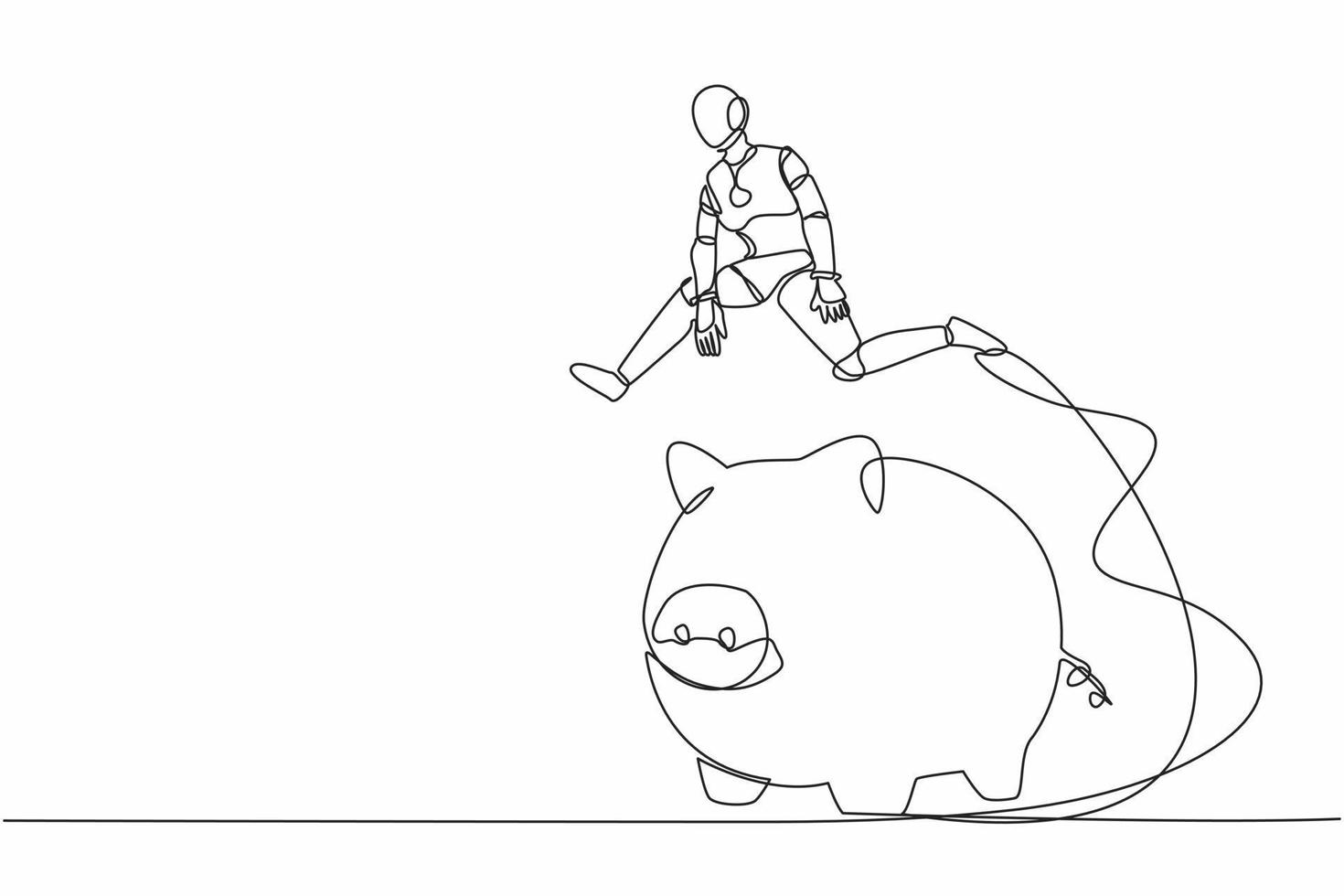 Continuous one line drawing robot jumping over piggy bank. Security of money storage, saving for investment. Humanoid robotic cybernetic organism. Single line draw design vector graphic illustration