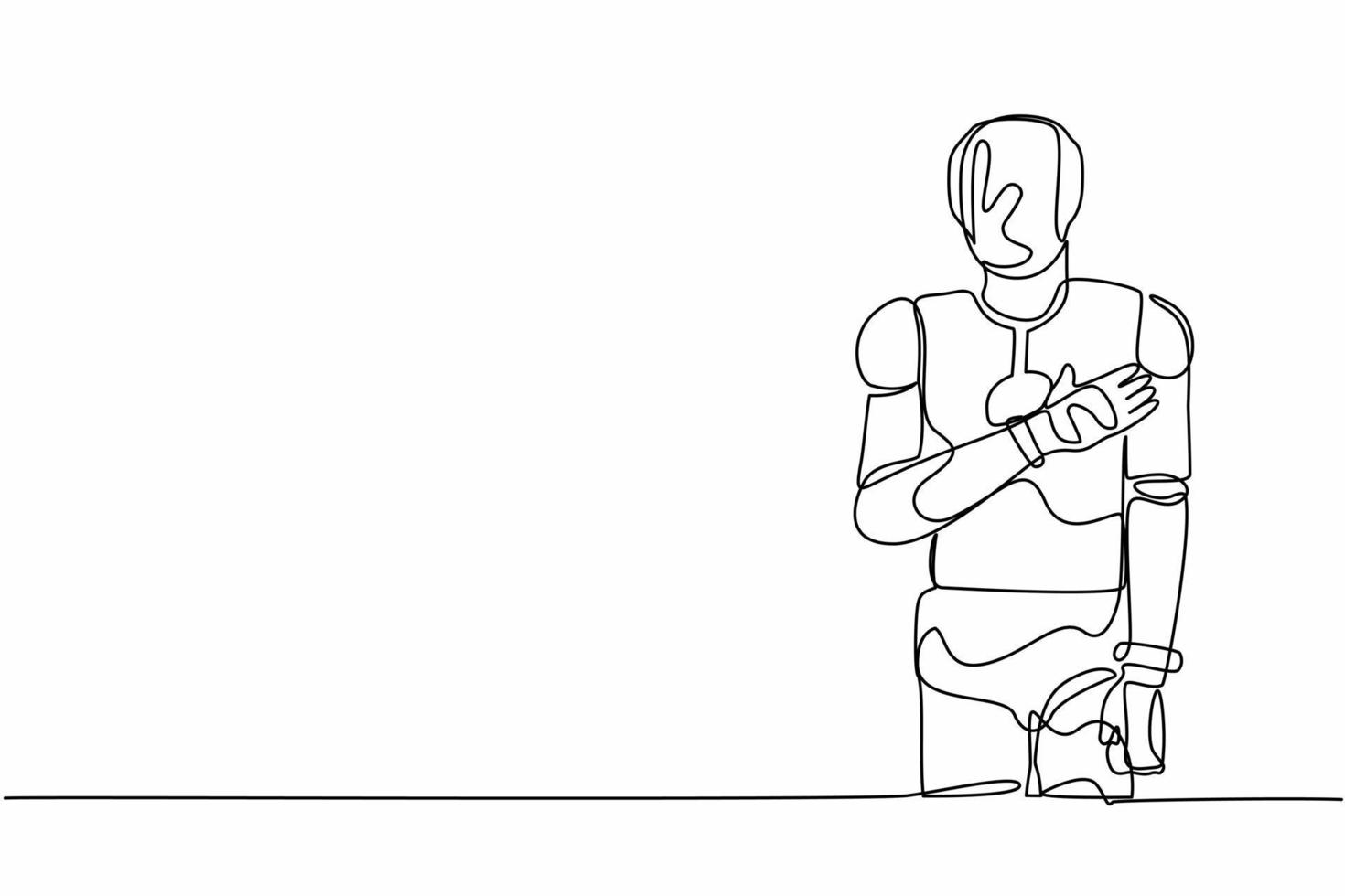 Single one line drawing robot standing with keeping hands on chest. Friendly robot expressing gratitude. Future technology. Artificial intelligence. Continuous line design vector graphic illustration