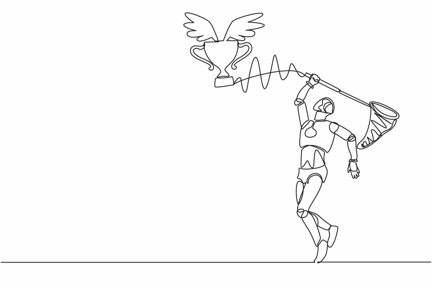 el robot de dibujo continuo de una línea intenta atrapar un trofeo volador con una red de mariposas. juego de tecnología deportiva. trofeos de victoria, premios. organismo cibernético humanoide. ilustración de vector de diseño de dibujo de una sola línea