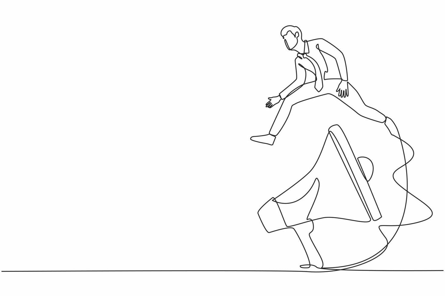 Single one line drawing businessman jumping over big megaphone. Technology for marketing. Person using speaker and giving announcement, advertising. Continuous line design graphic vector illustration