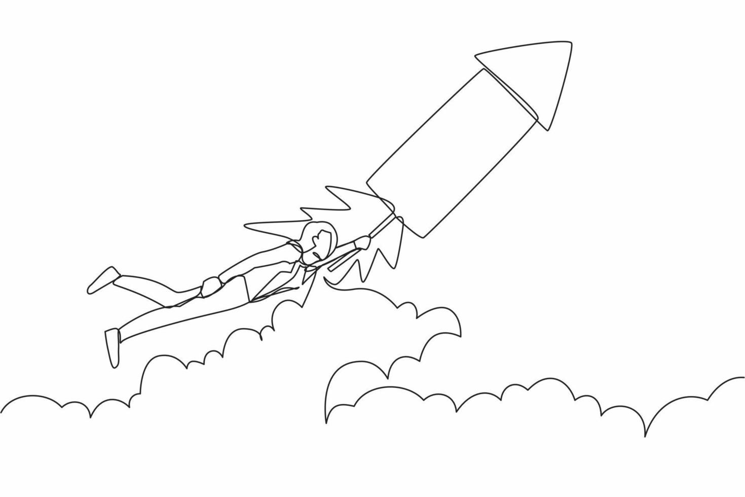 Single one line drawing businesswoman fly on firework rocket while looking at business opportunities. Excited employee searching for project innovation. Continuous line draw design vector illustration
