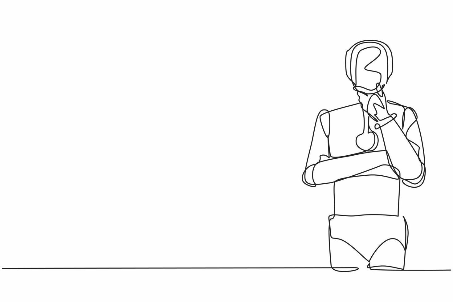 Single continuous line drawing robot standing in thoughtful pose holding chin thinking. Modern robotic artificial intelligence. Electronic technology industry. One line draw design vector illustration
