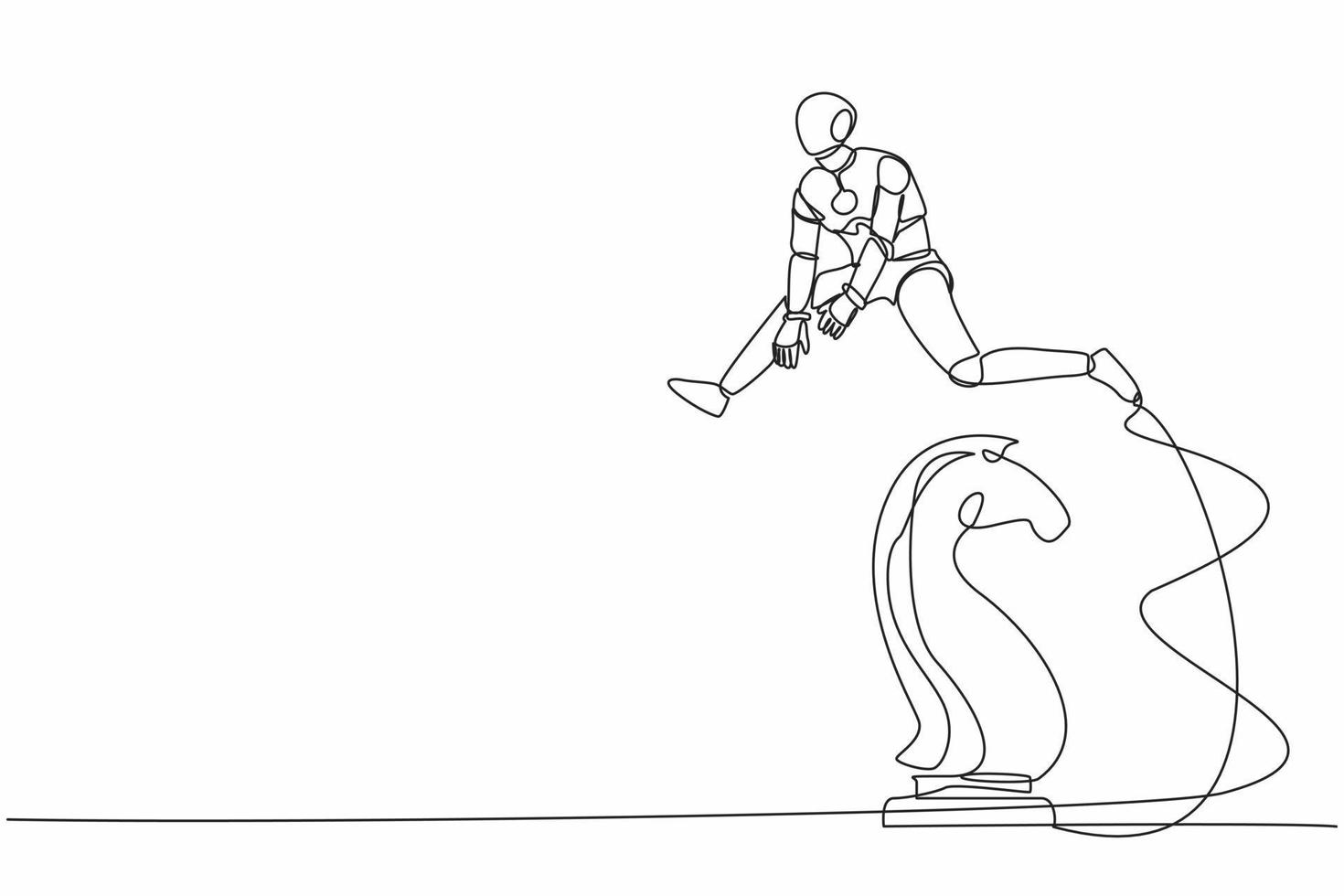 Continuous one line drawing robot jumping over chess horse knight. Brain intelligence sport, tactical movement idea. Future robotic cybernetic development. Single line draw design vector illustration