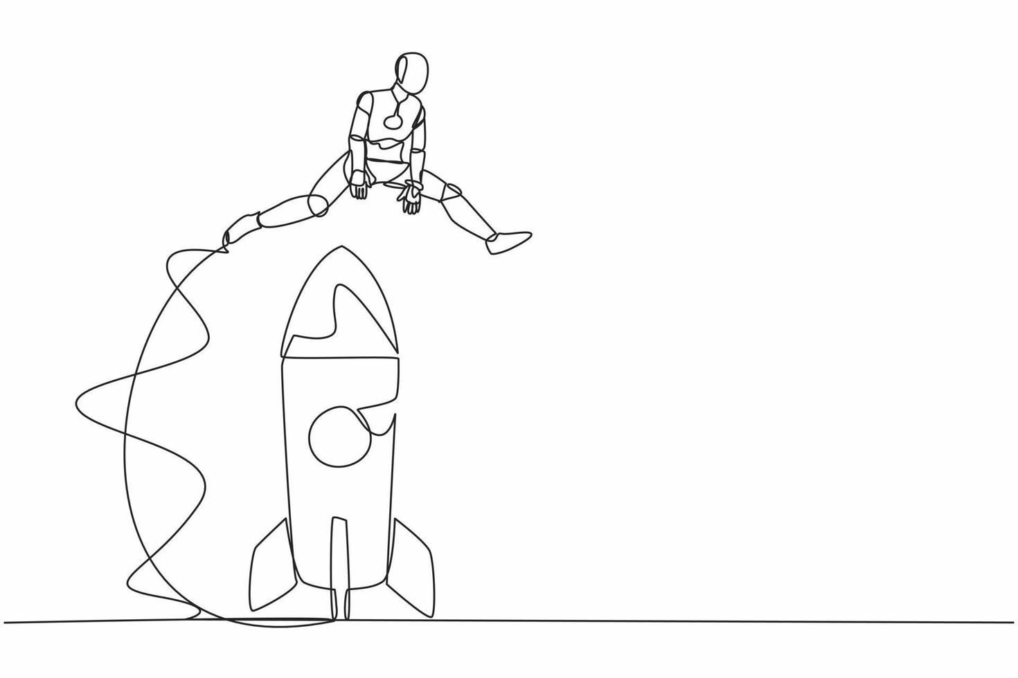 Single continuous line drawing robot jumping over big rocket. Successful startup launch preparation. Modern robotic artificial intelligence. Dynamic one line draw graphic design vector illustration