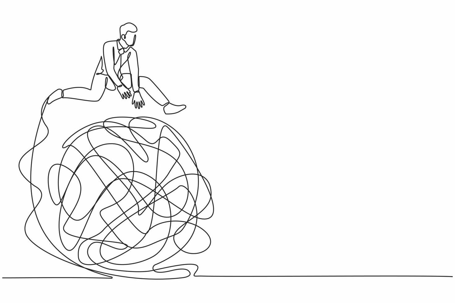 Continuous one line drawing businessman jumping over tangled scribble. Solution looking for complicated problem. Looking for ways to success business. Single line design vector graphic illustration