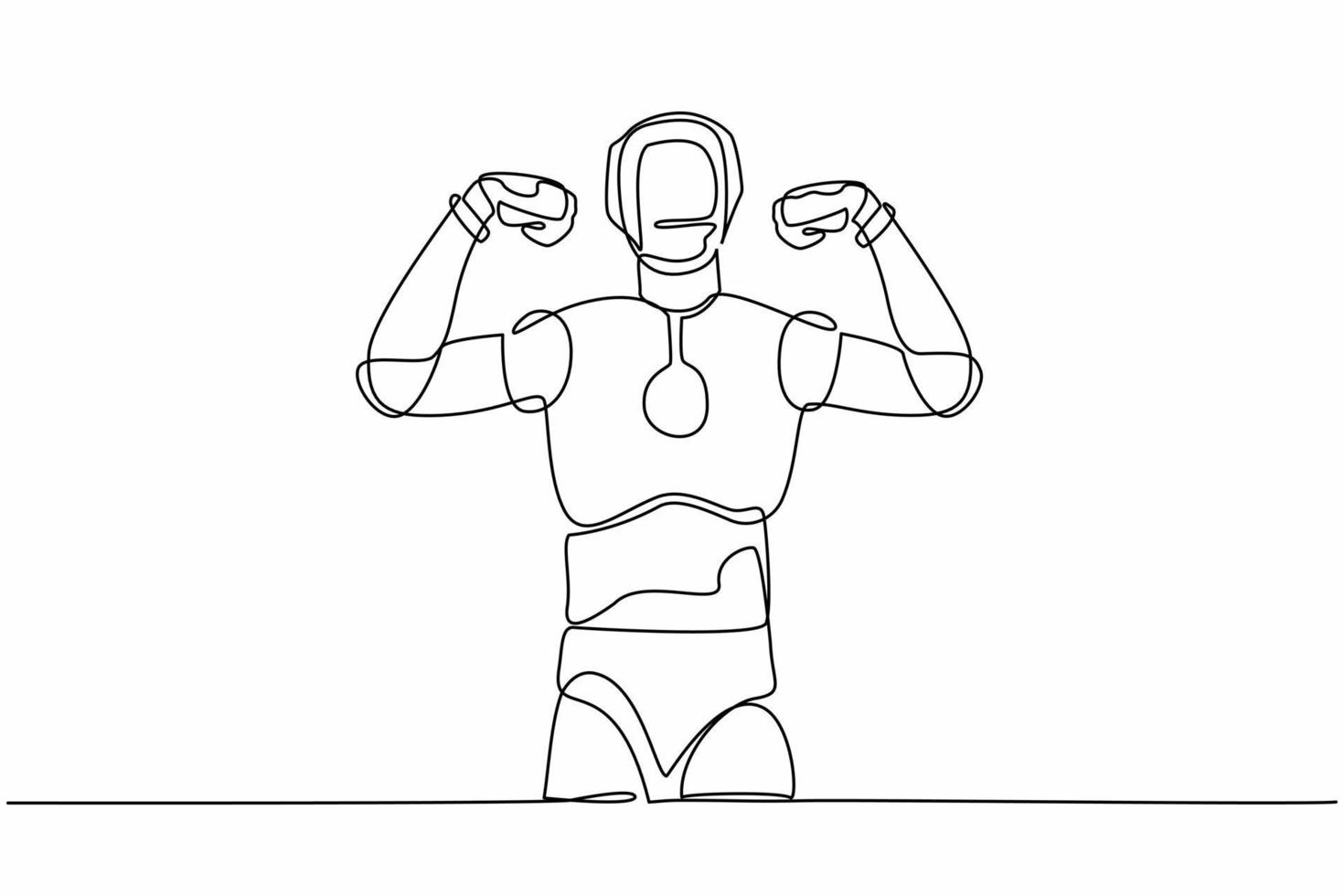 Single continuous line drawing robot standing with gestures two hand fist up. Strong humanoid robot cybernetic organism. Robotic artificial intelligence. One line graphic design vector illustration