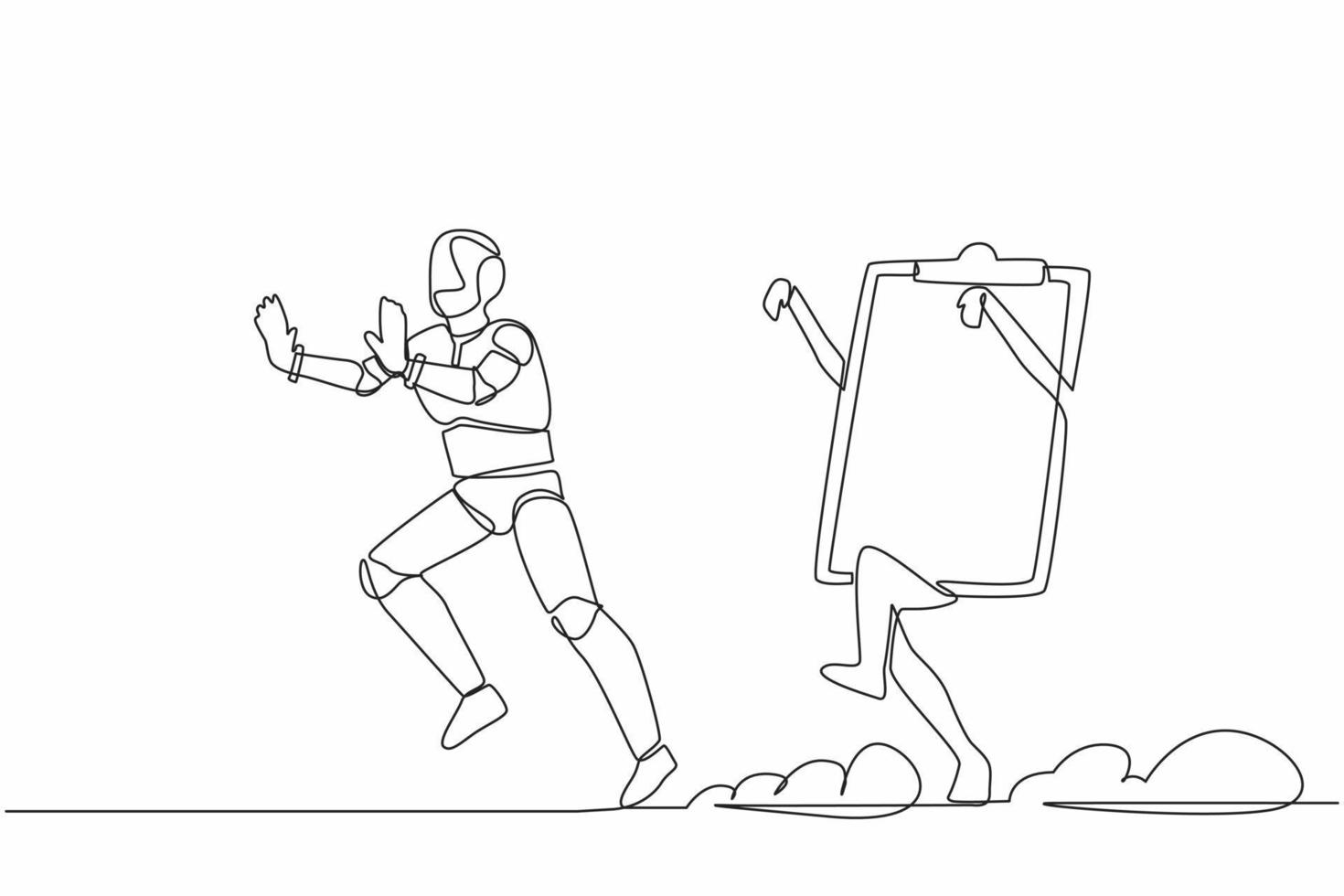 Single one line drawing stressed robot being chased by clipboard. Hurry in finishing checklist industry sheets document. Future technology development. Continuous line draw design vector illustration