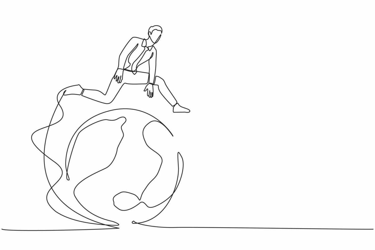 Single continuous line drawing businessman jumping over globe. Globalization and leadership. International partnership, cooperation and teamwork in business. One line draw design vector illustration