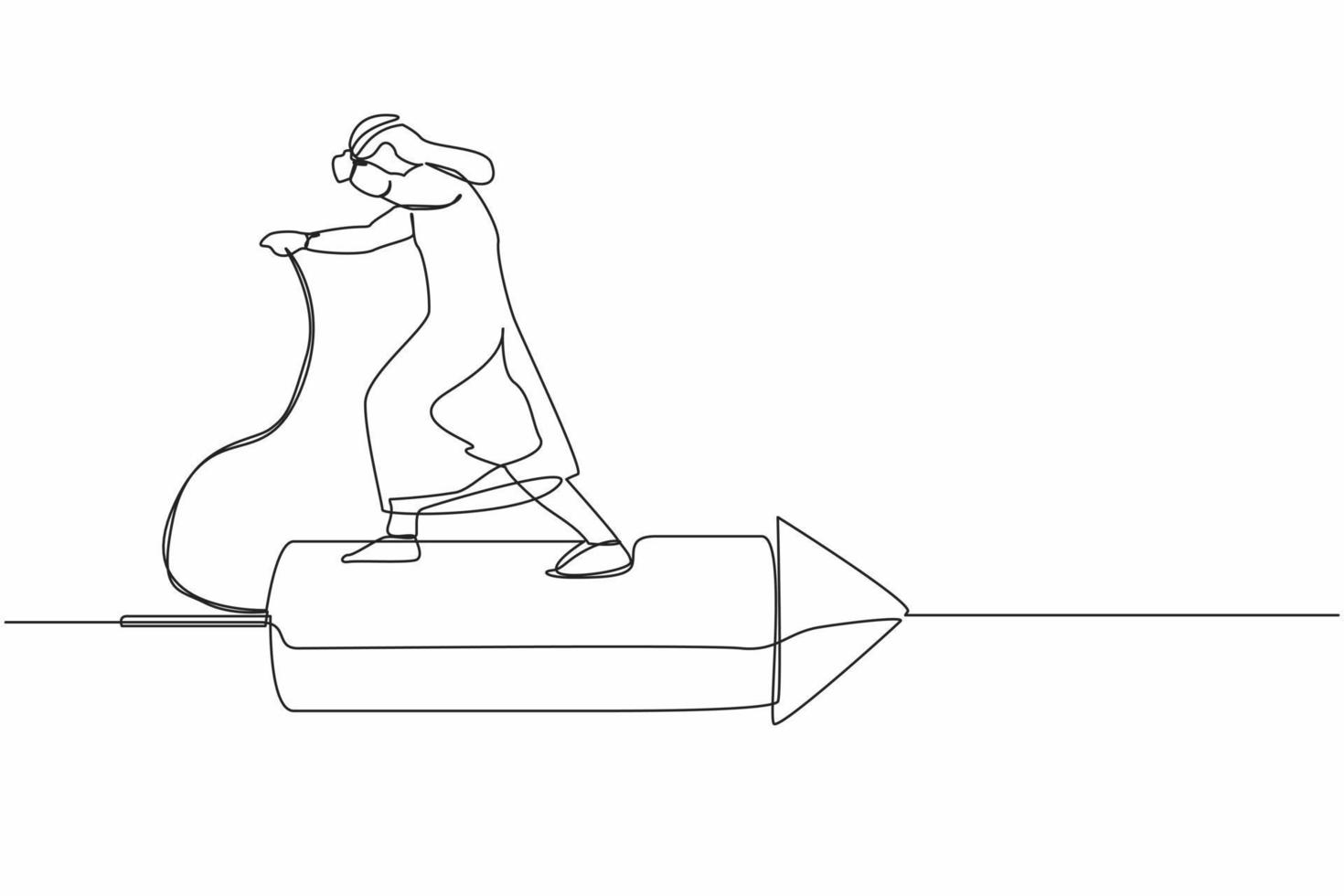 Single one line drawing Arab businessman standing on the firework rocket and ignite it to boost his career path. Motivation and leadership for success. Continuous line draw design vector illustration