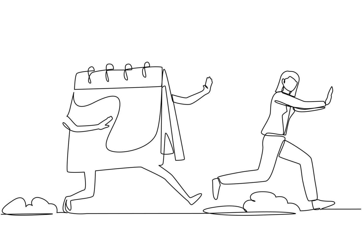 Single one line drawing scared businesswoman being chased by calendar. Female manager hurry in work deadlines, project schedule. Minimal metaphor. Continuous line design graphic vector illustration