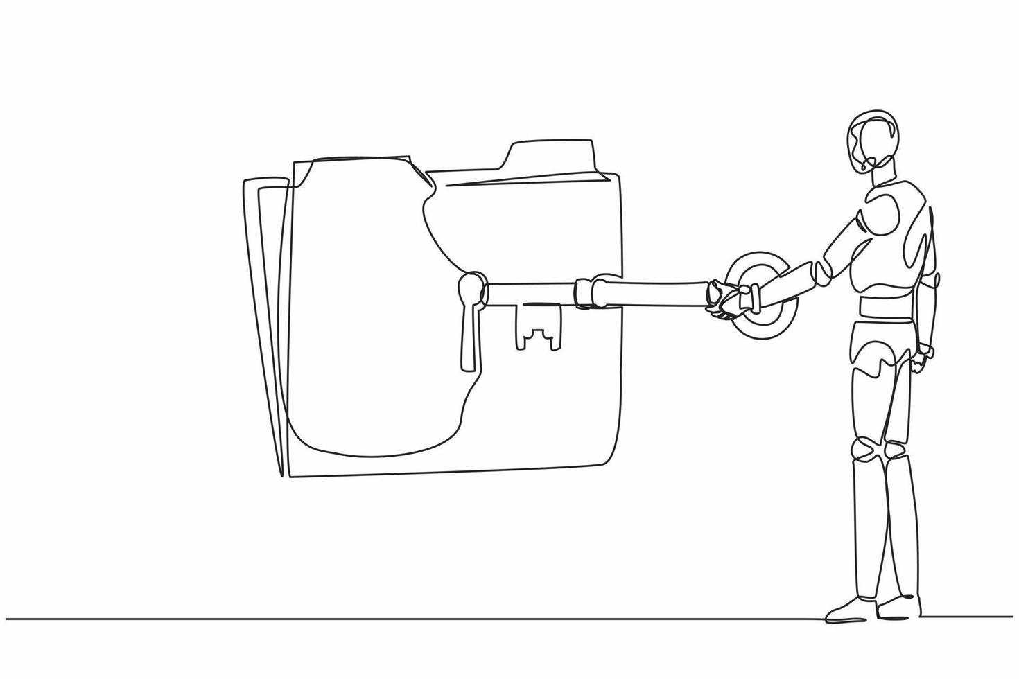 Single one line drawing robot put big key into folder. Document protection. Data security. Secret information. Future technology development. Continuous line draw design graphic vector illustration