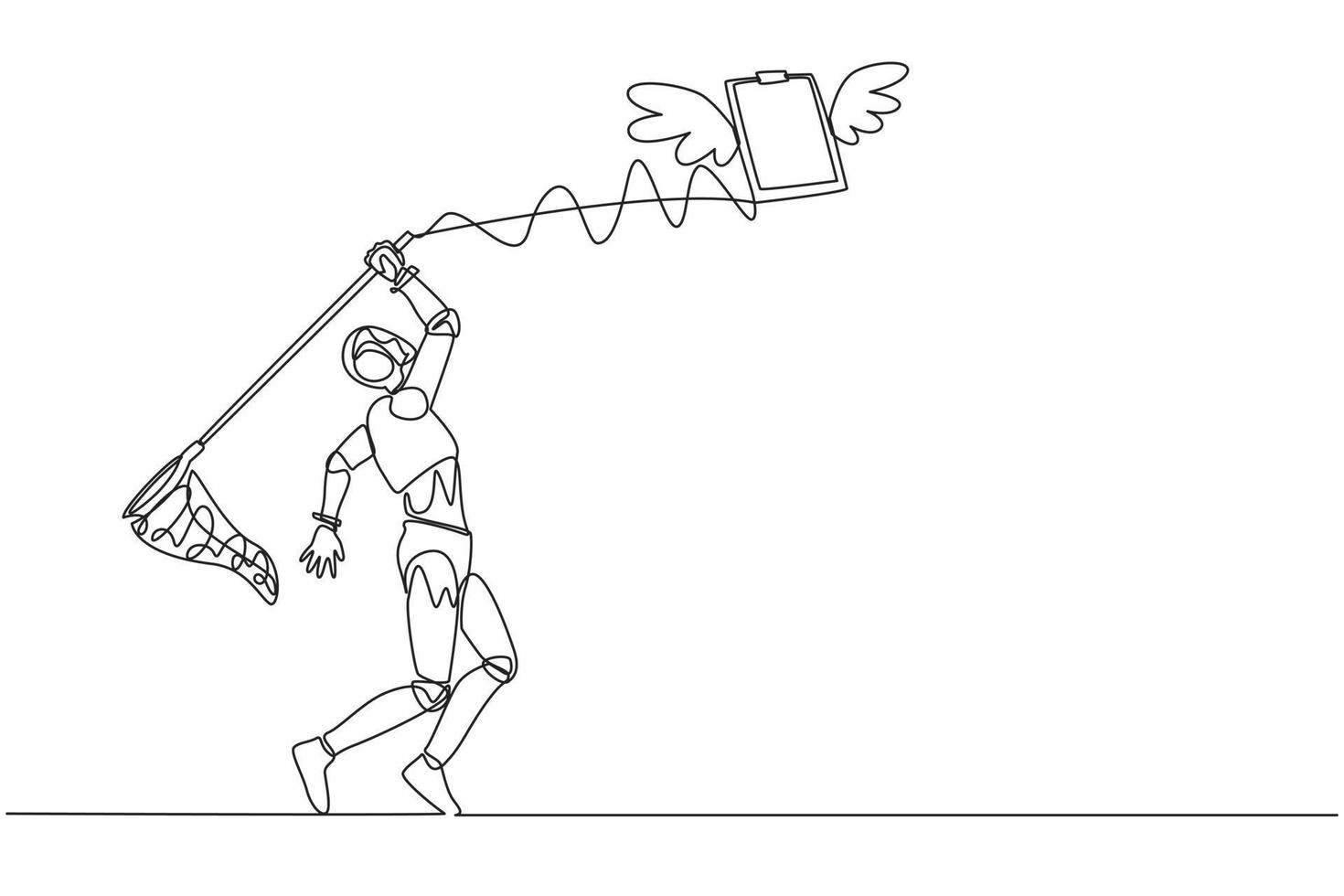 Single continuous line drawing robot try to catching flying clipboard with butterfly net. Technology for checklist document. Robotic artificial intelligence. One line draw design vector illustration