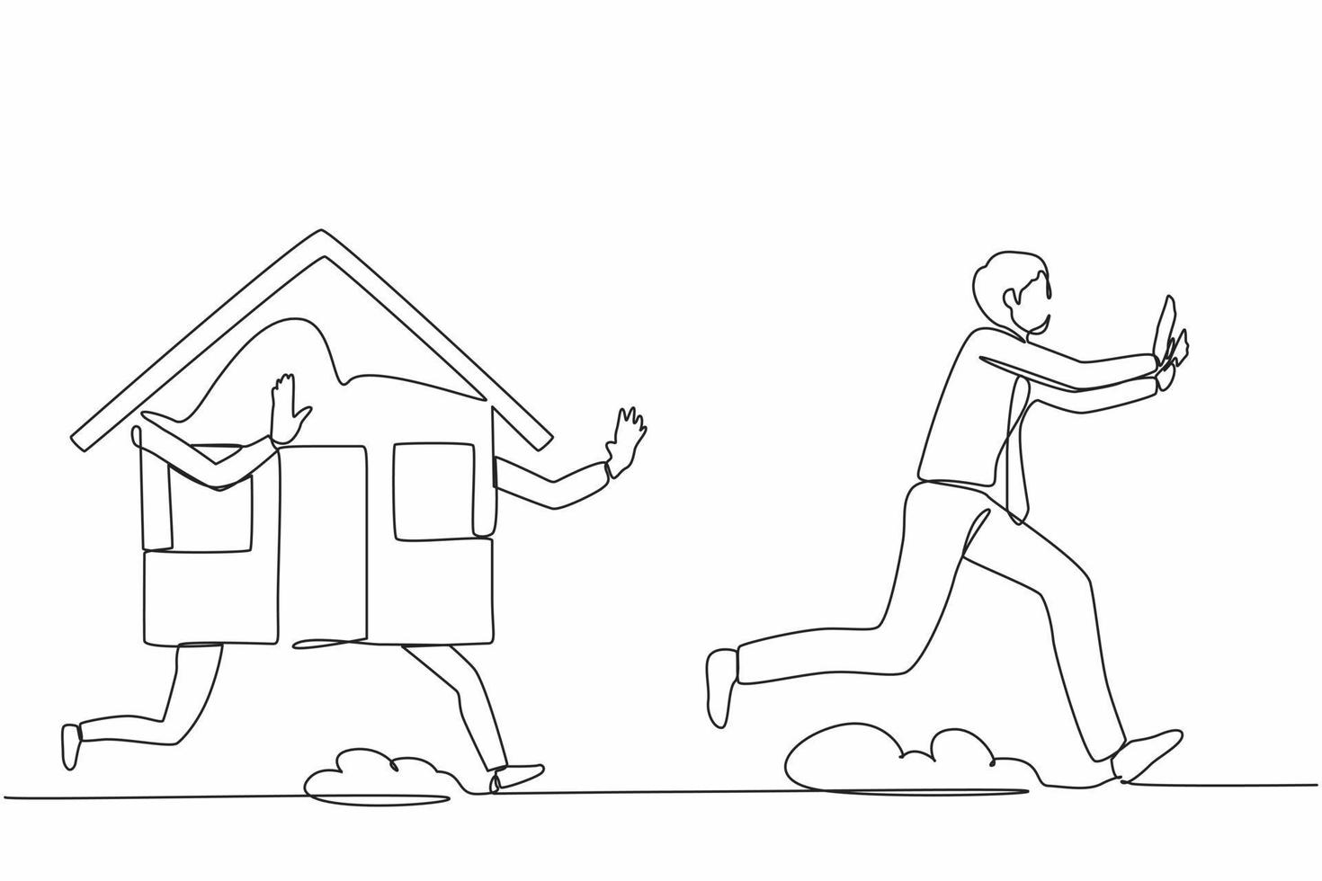 Continuous one line drawing stressed businessman being chased by house. Office worker avoid price increase of housing loan, real estate investment. Single line draw design vector graphic illustration