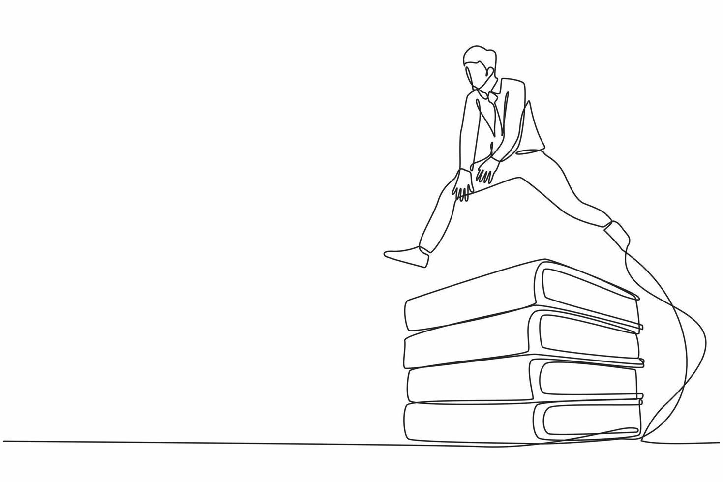 Continuous one line drawing businessman jumping over pile of big binders. Office supply, information classification, management order, document paper. Single line design vector graphic illustration